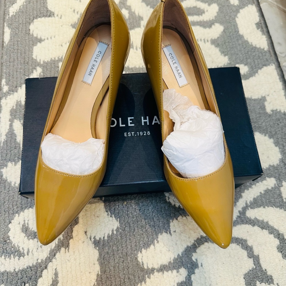 Cole Haan Mustard Yellow Patent Leather Pointed-Toe Pumps